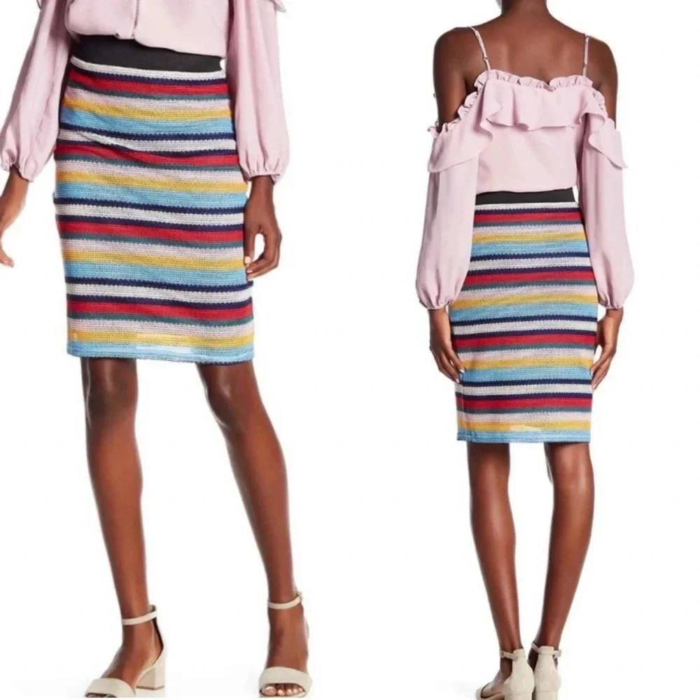 New Parker Elastic Waist Knit Striped Pencil Skirt Multicolor Rainbow Medium